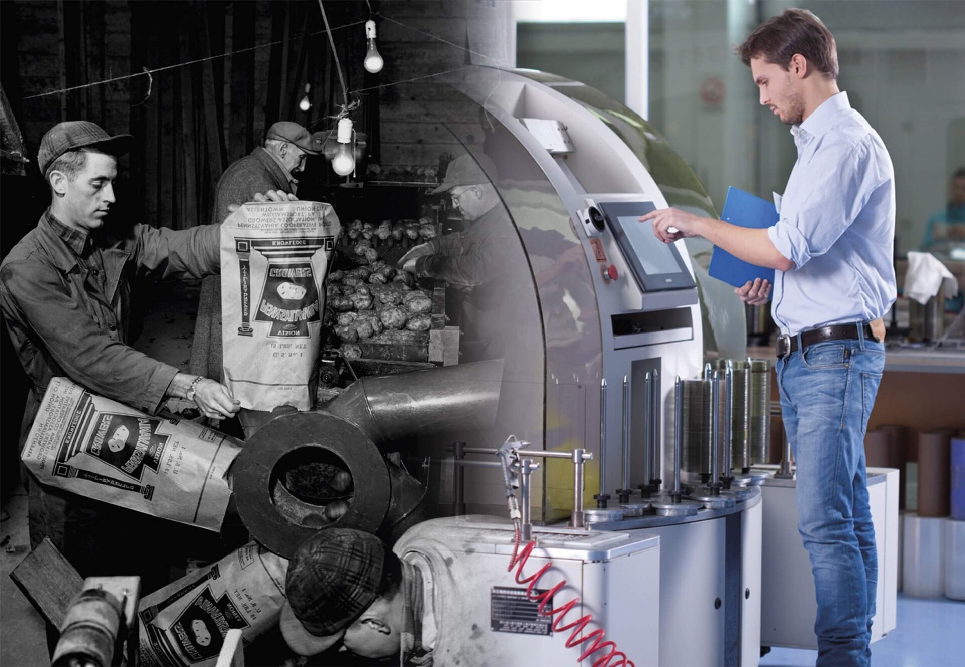 Links ein Arbeiter von früher, rechts ein moderner Arbeiter