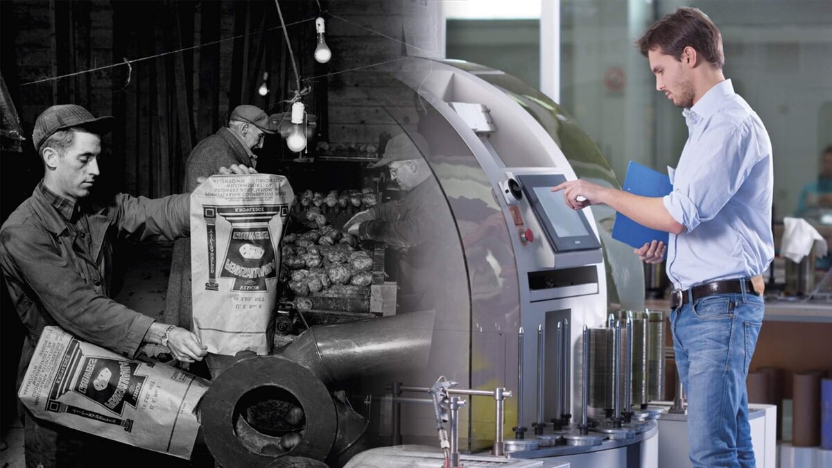 Links ein Arbeiter von früher, rechts ein moderner Arbeiter