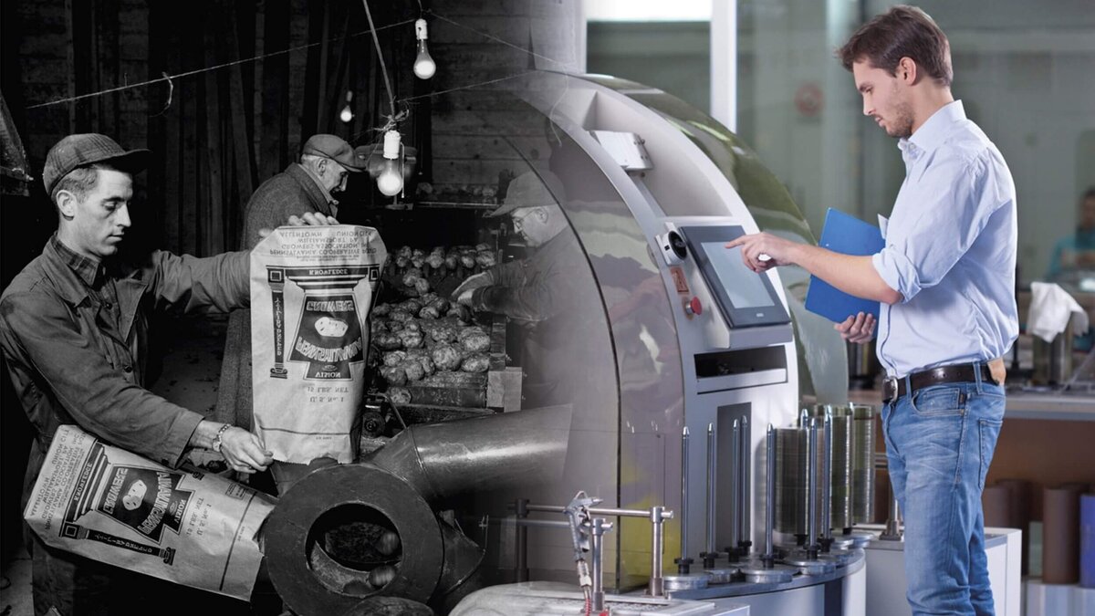 Links ein Arbeiter von früher, rechts ein moderner Arbeiter