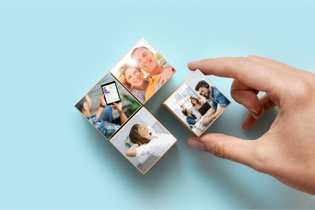 Digitales Gesundheitspaket bebilderter Würfel mit vier Teilen