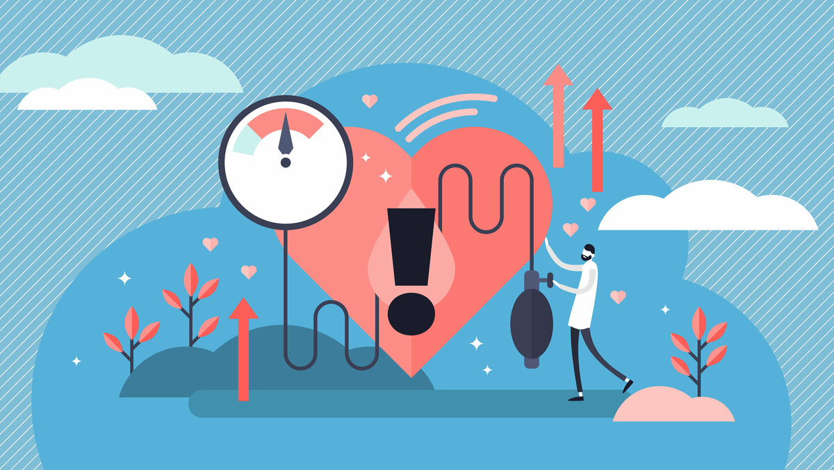 Zu sehen ist eine Illustration von einem Herz an welchem ein Arzt den Blutdruck misst, welcher zu Hoch ist.