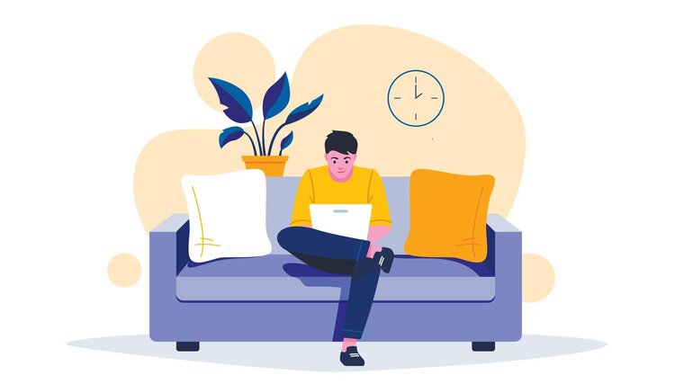 Grafik einer Person, die auf einem Sofa im Homeoffice sitzt