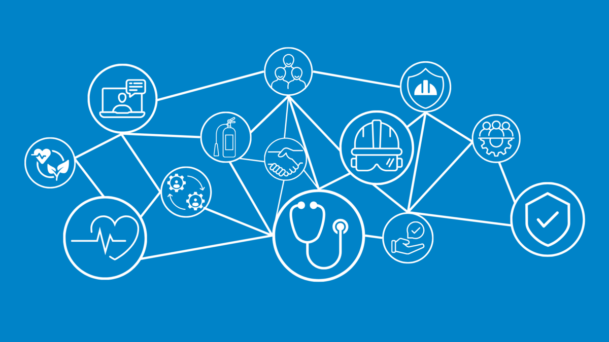 Vernetzte Betreuung der ias-Gruppe Visualisierung der Vernetzung von verschiedenen Professionen mit Icons wie Sicherheitshelm, Stetoskop, Symboliken für Nachhaltigkeit, digitale Tools