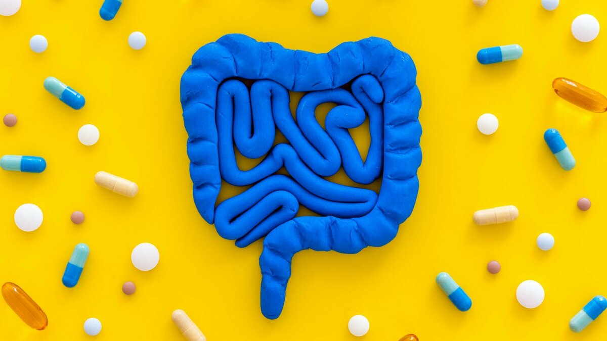 Illustration eines Darms in Blau umgeben von Pillen