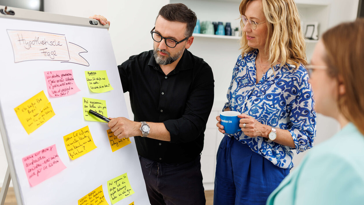 Eine Gruppe von ias-Mitarbeitenden arbeitet gemeinsam an einem Flip-Chart