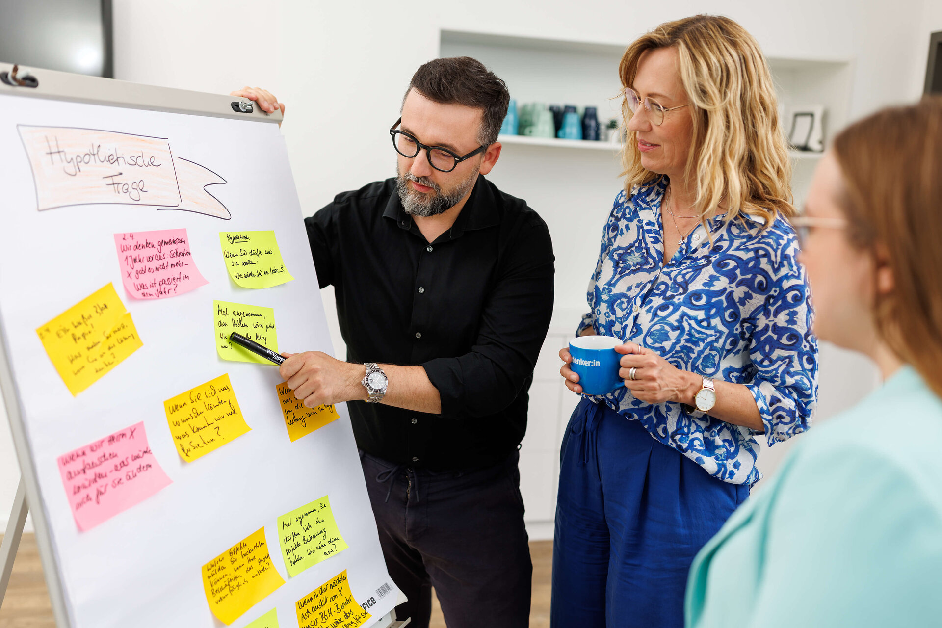 Eine Gruppe von ias-Mitarbeitenden arbeitet gemeinsam an einem Flip-Chart