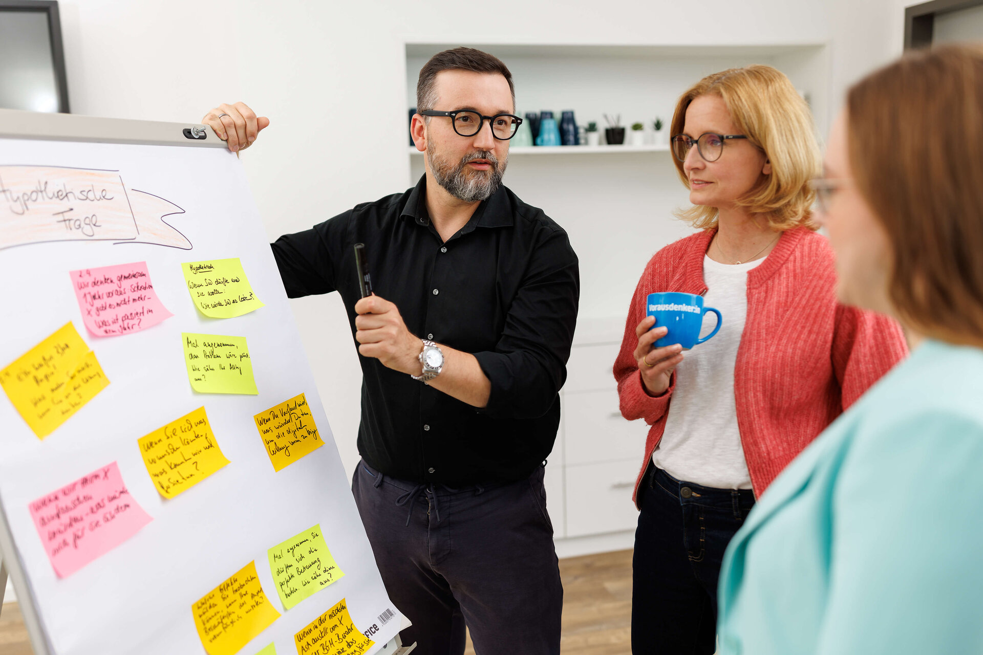 Eine Gruppe von ias-Mitarbeitenden arbeitet gemeinsam an einem Flip-Chart