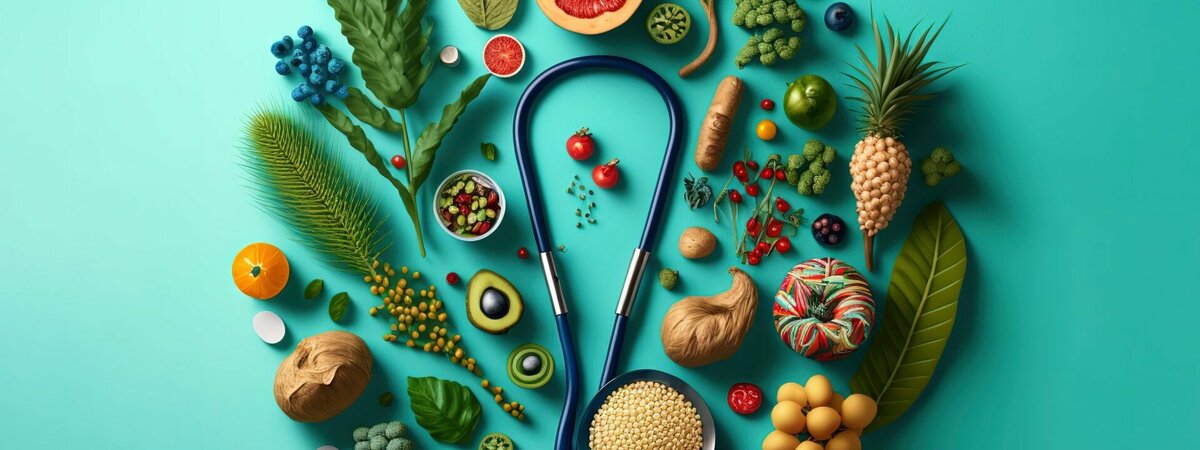 Illustration von gesunden Lebensmitteln um ein Stetoskop