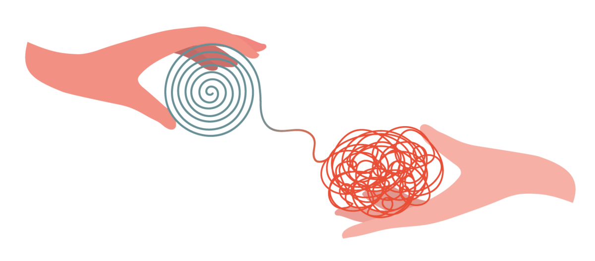 Zwei gezeichnete Hände mit verknoteten Fäden