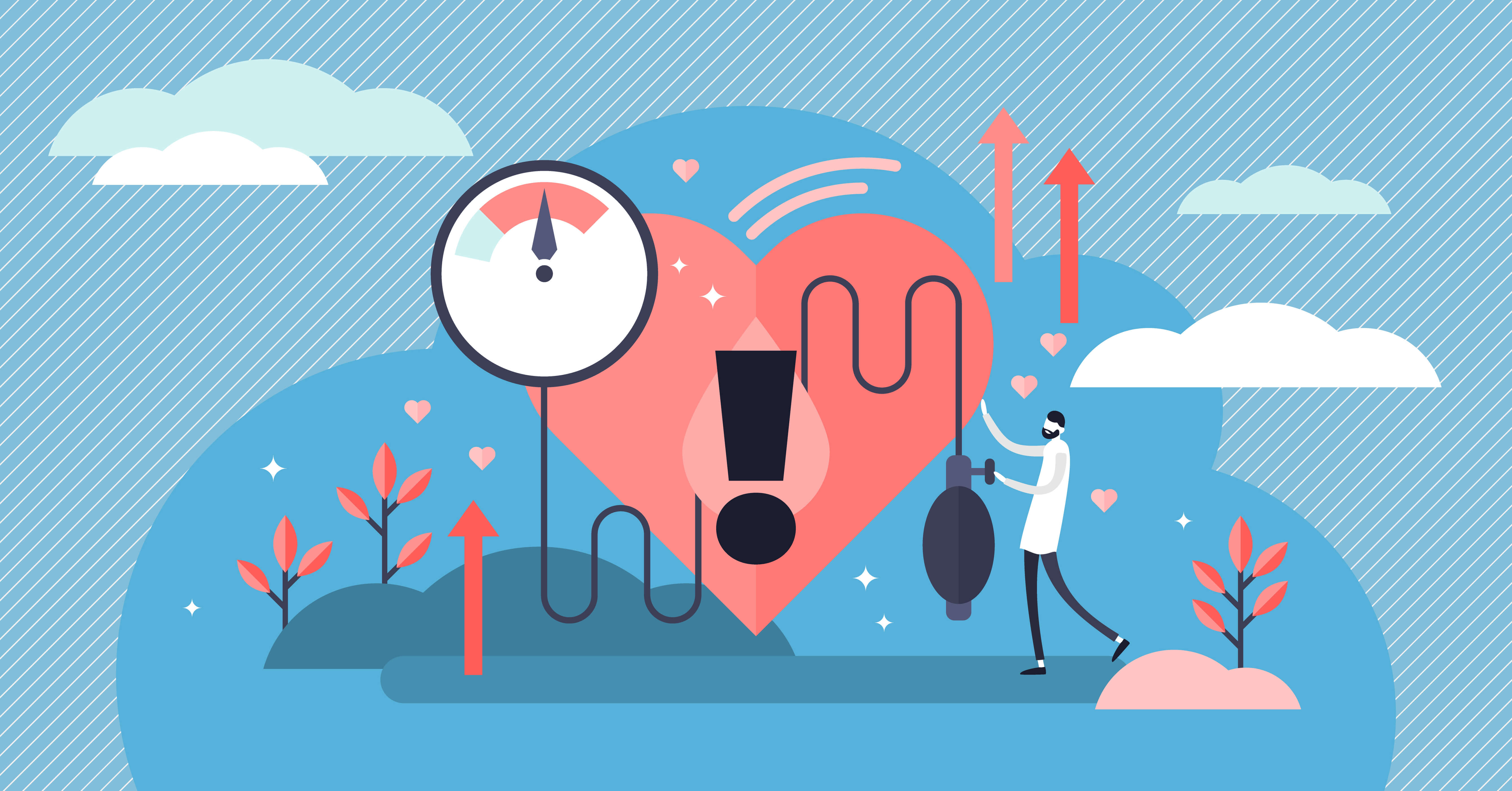 Zu sehen ist eine Illustration von einem Herz an welchem ein Arzt den Blutdruck misst, welcher zu Hoch ist.