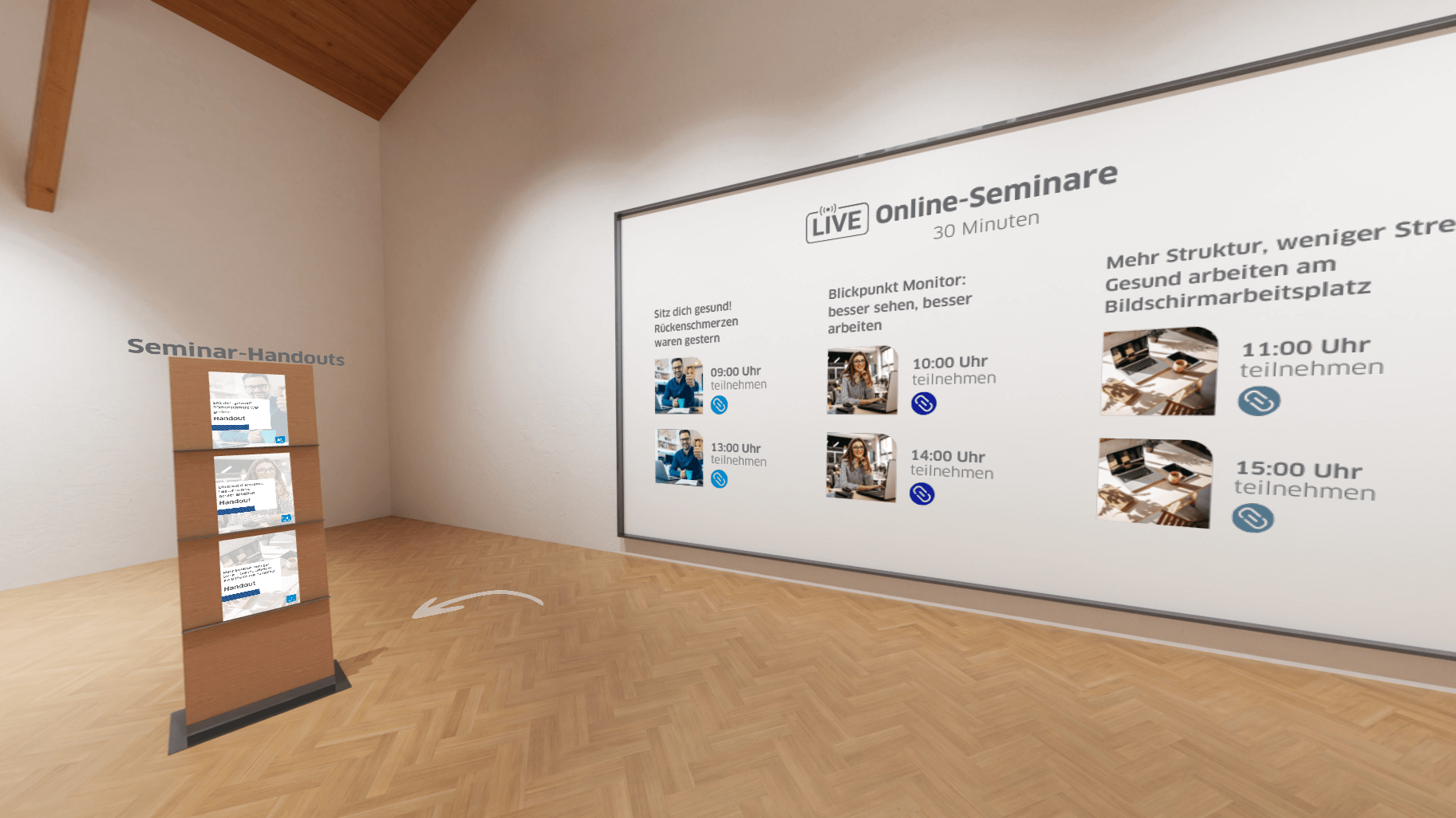 Virtueller Raum mit Auswahl von Online-Seminaren