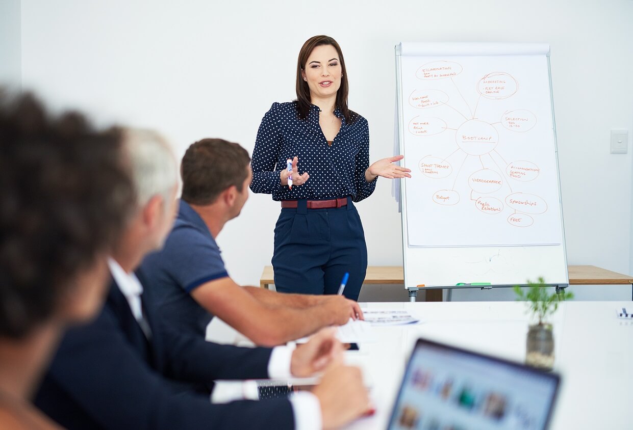 Frau in einer Vortragssituation mit Flipchart b